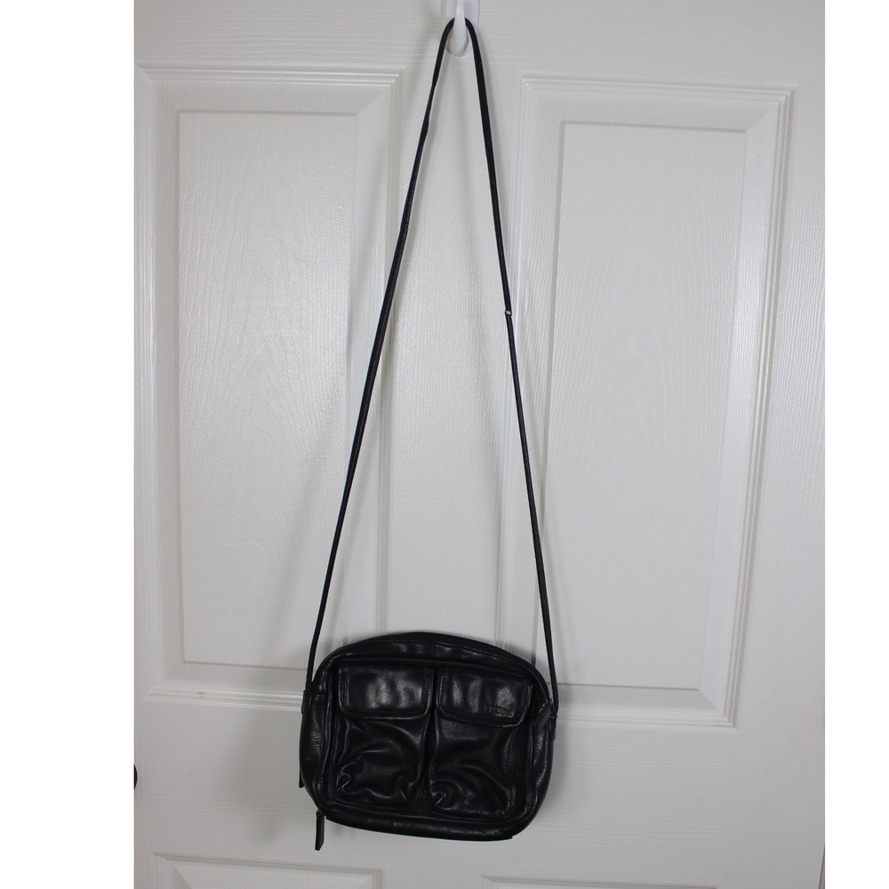 Fossil Black Leather Crossbody Bag Vintage Multi Pocket Camera Bag Purse